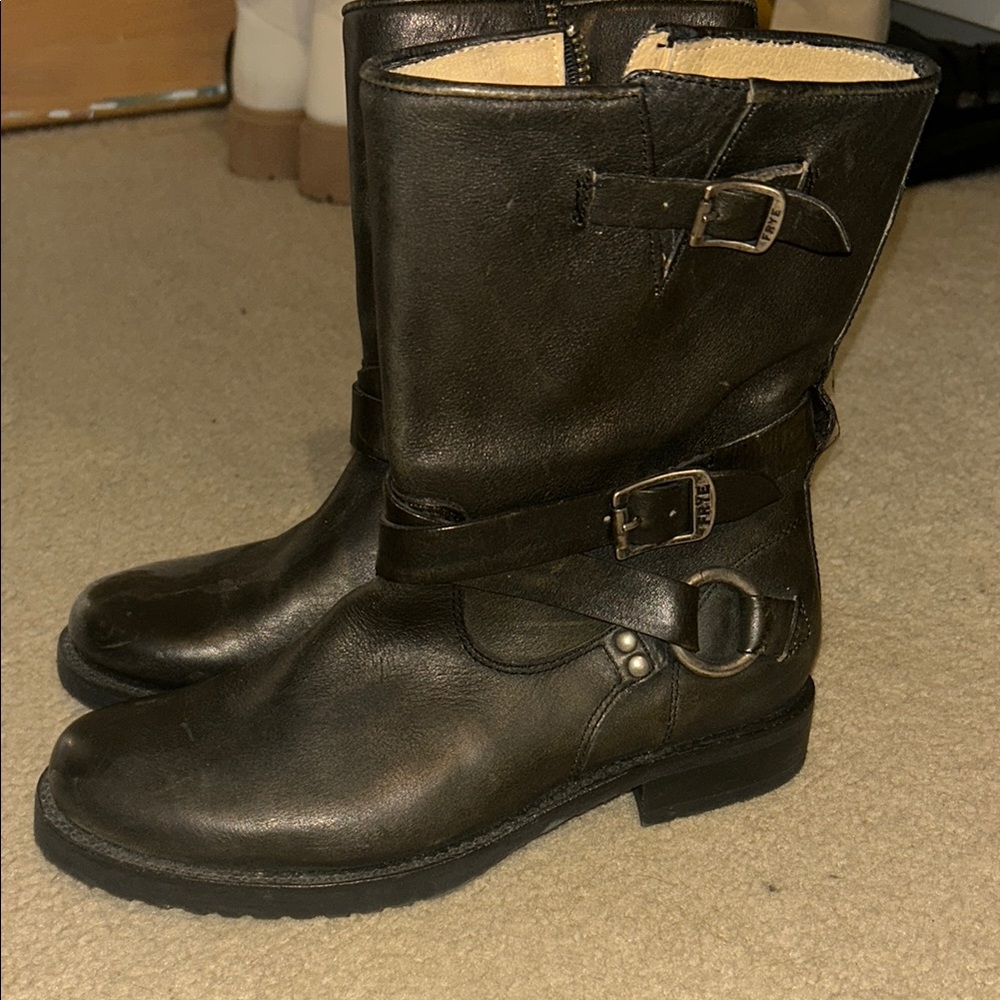 Frye Black Leather Harness Moto Boots